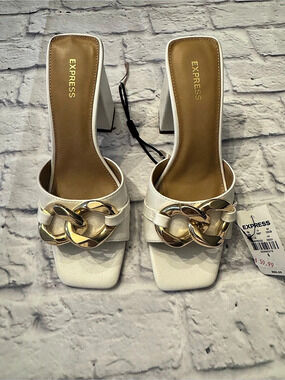 Express Chain Strap Block Heel Mule Sandals Mules White US 8